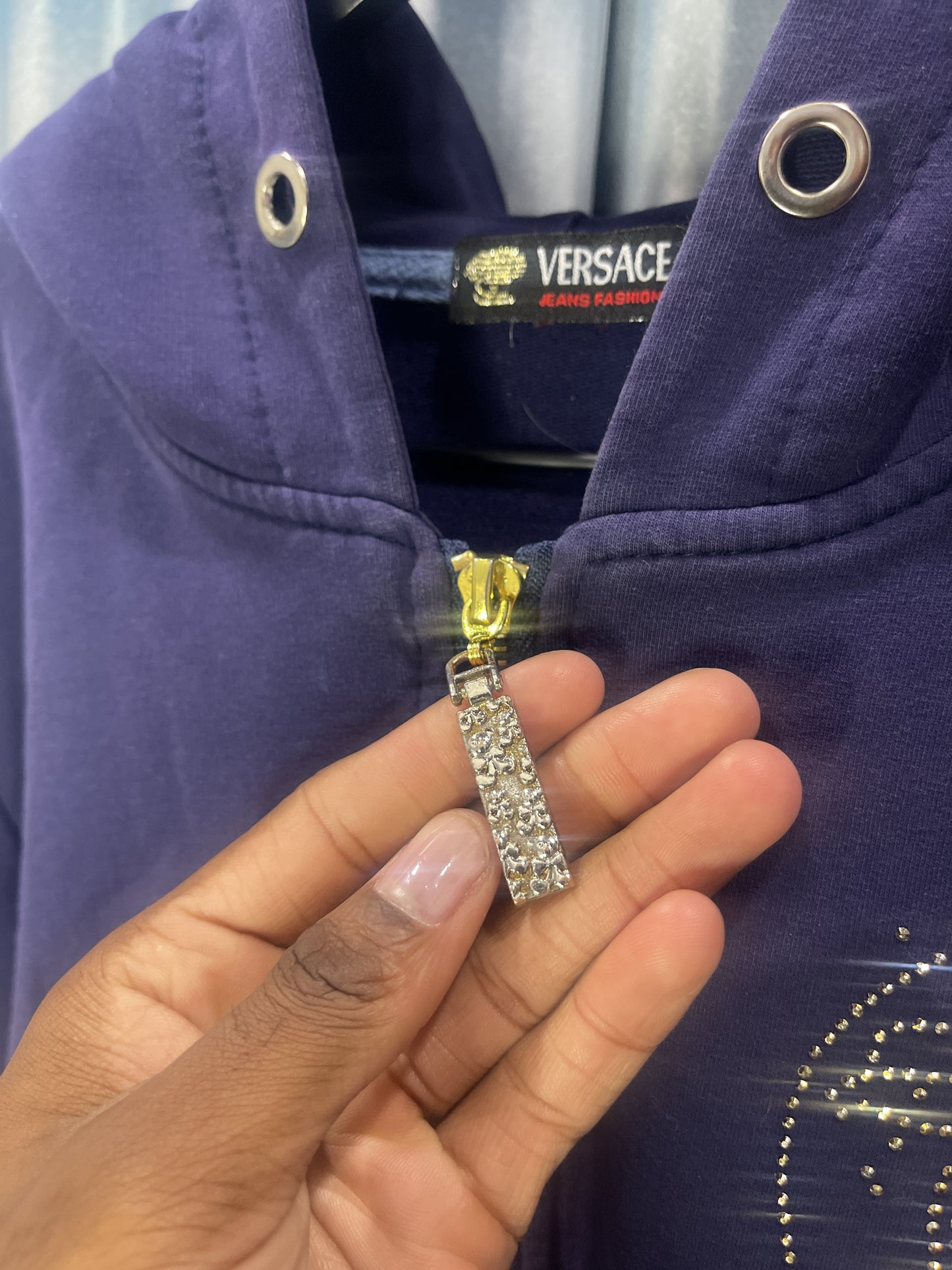 Versace Rhinestone Zip-Up Hooded Sweatshirt