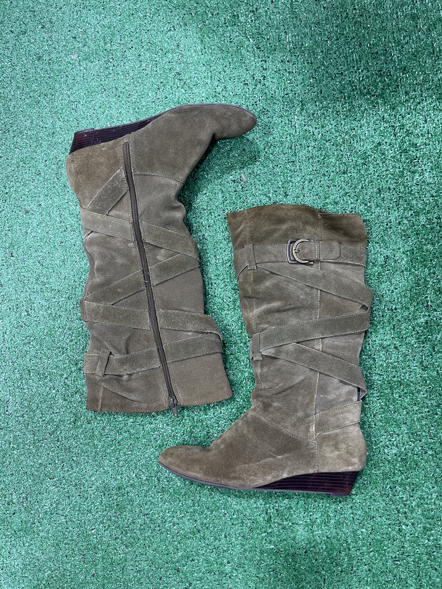 Faux Suede Mummy Buckle Knee Boots