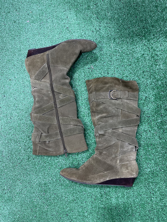 Faux Suede Mummy Buckle Knee Boots