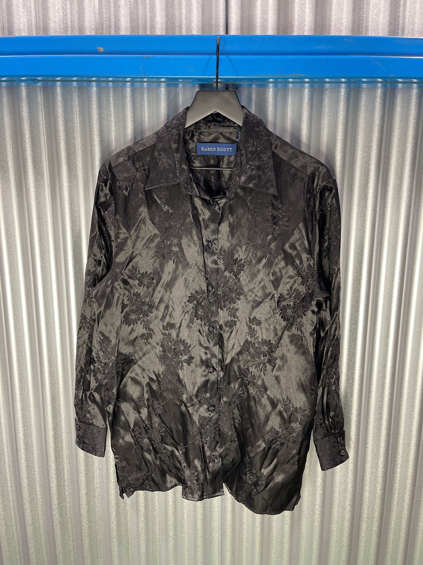 Karen Scott Faux Silk Embossed Button-Up Shirt