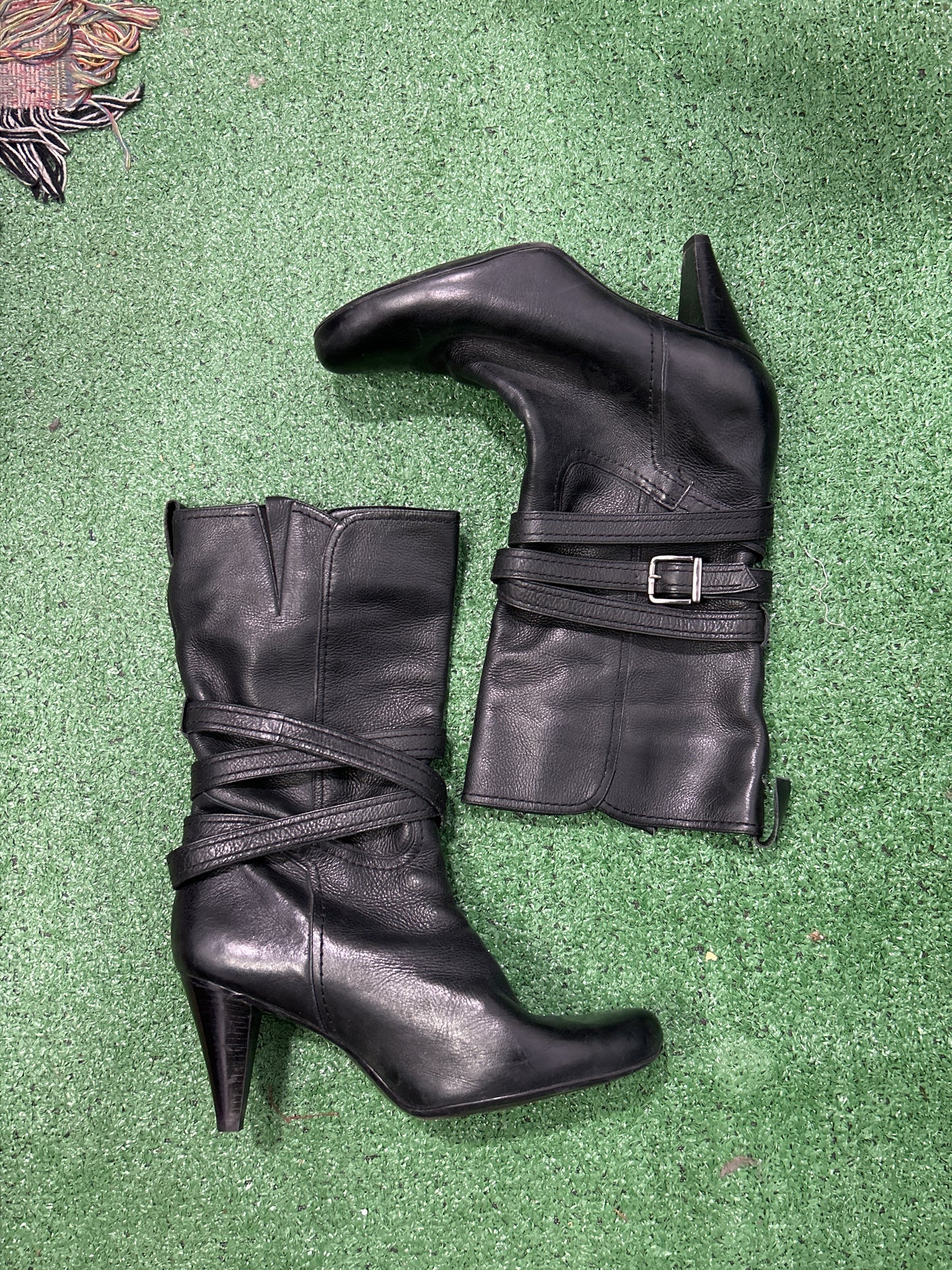 Genuine Leather Wrap-Strap Buckle Heeled Midi Boots