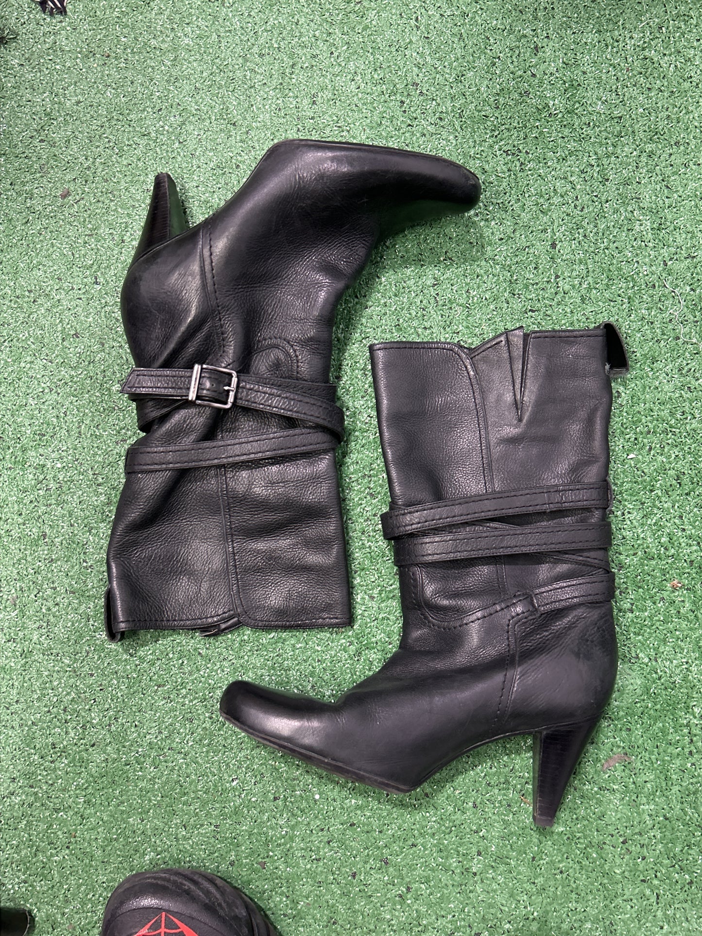 Genuine Leather Wrap-Strap Buckle Heeled Midi Boots