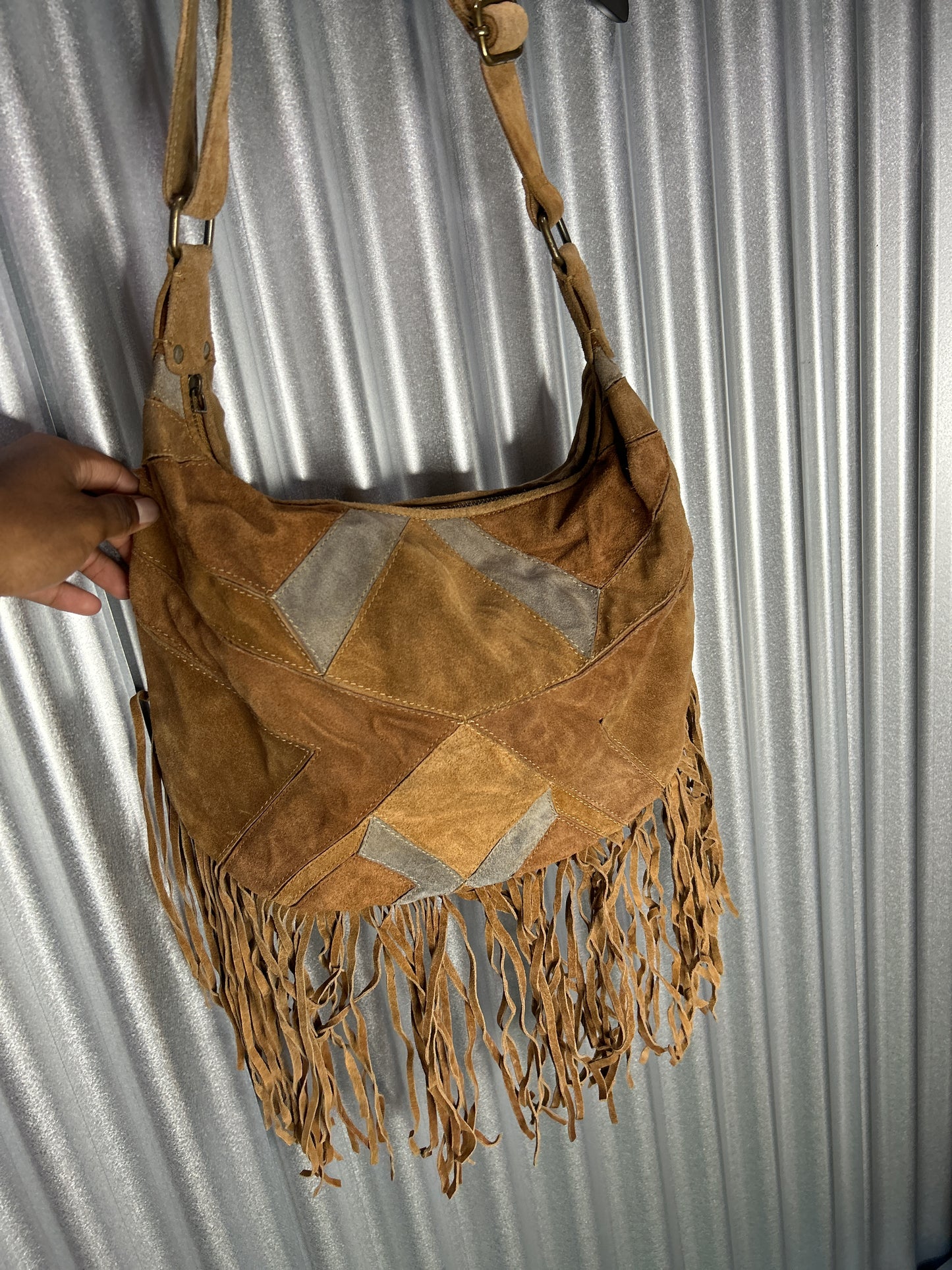 Genuine Suede Leather Patchwork Handbag w/ Tassels