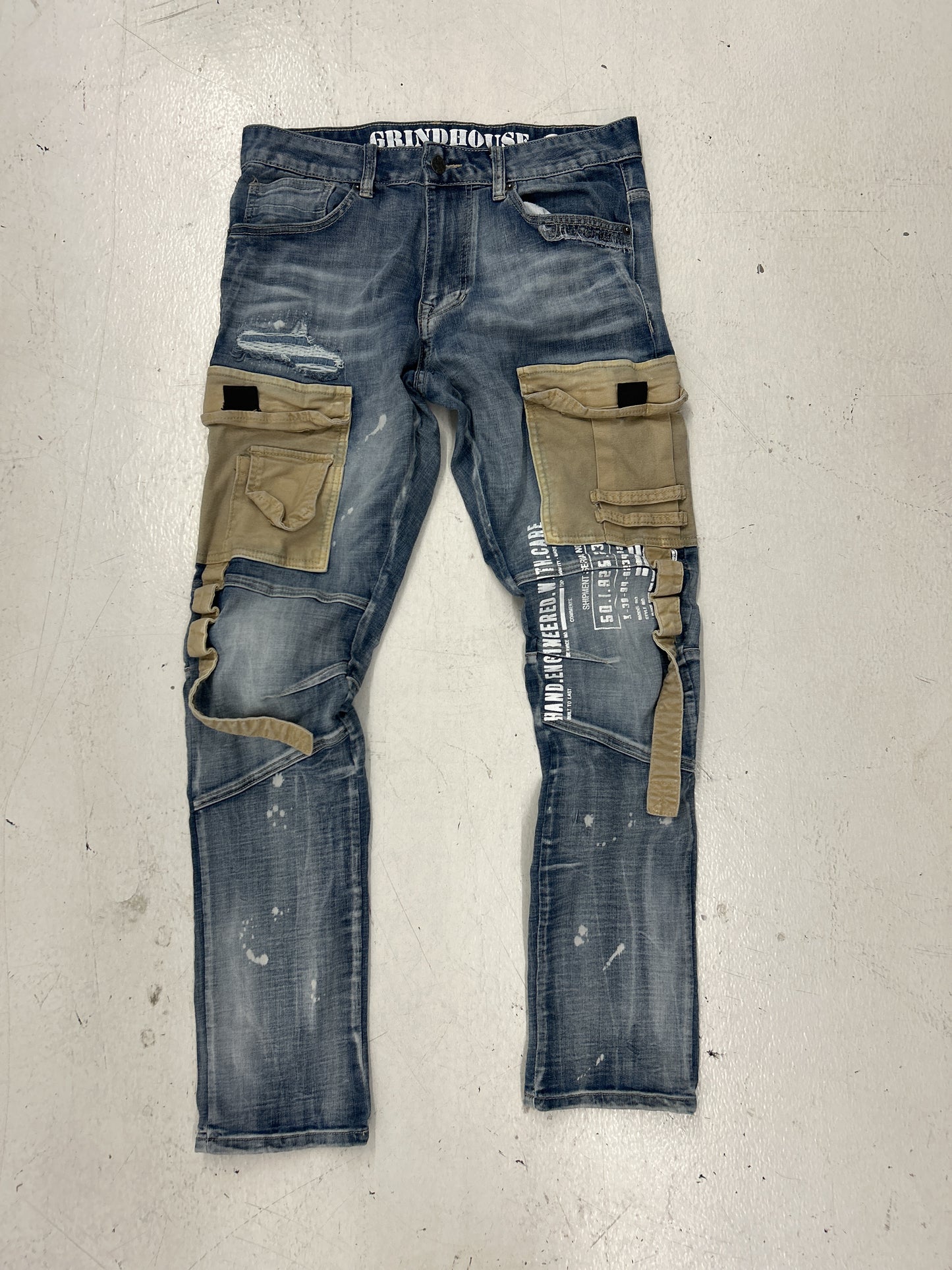 Grindhouse Distressed Khaki Cargo Denim Jeans