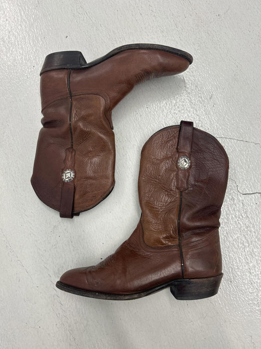 Vintage Brown Leather Cowboy Boots with Decorative Snaps