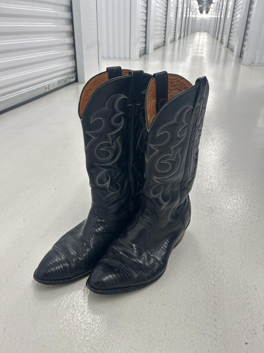 Authentic Black Leather Cowboy Boots with Intricate Design