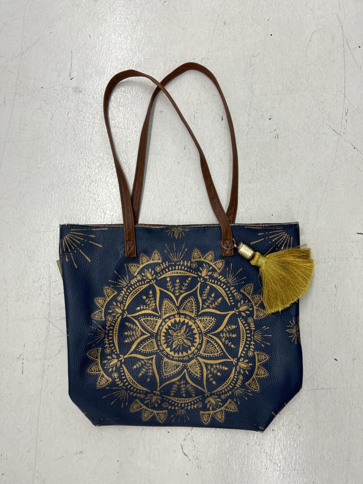 Navy Blue Tote Bag with Gold Mandala Design and Tassel