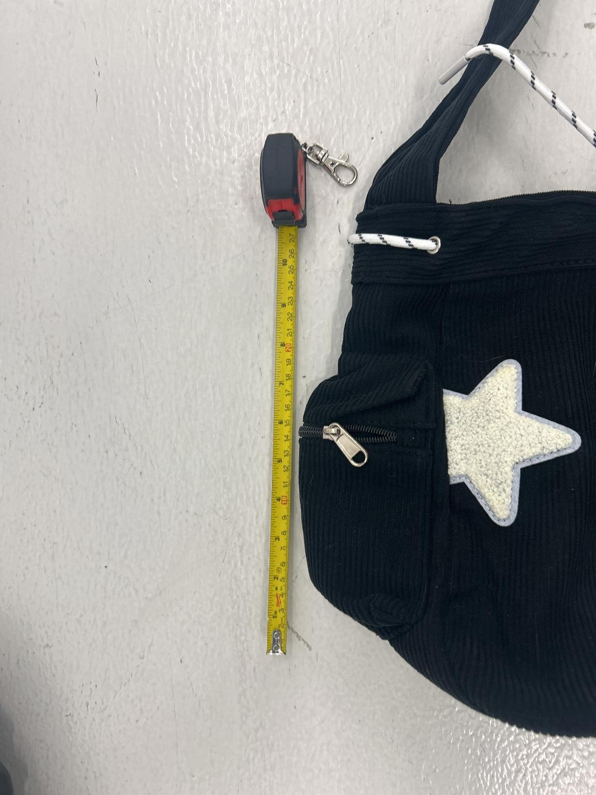 Corduroy Black Shoulder Bag with Stitched Star Patches