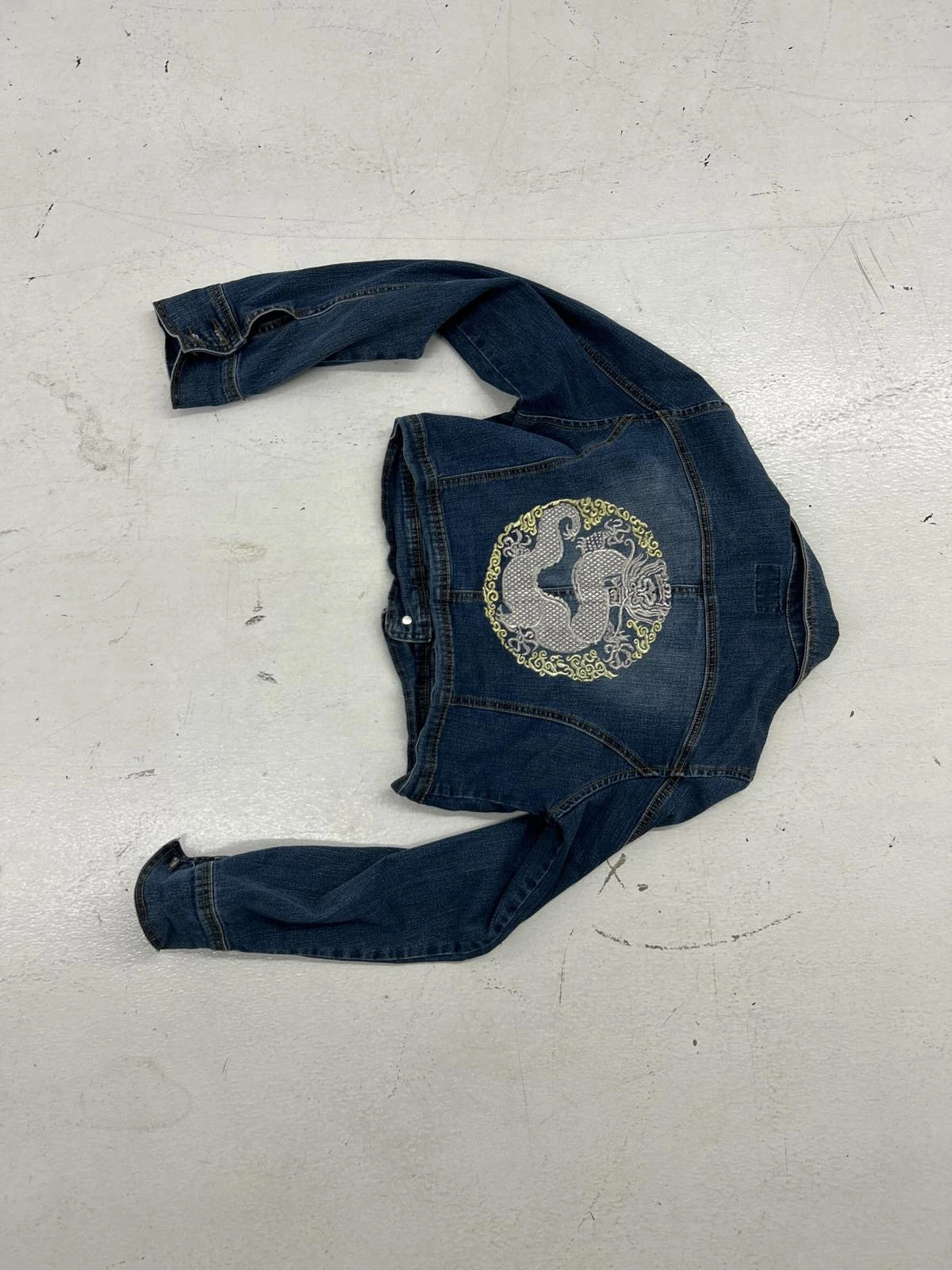 Vintage Denim Cropped Jacket With Intricate Back Design