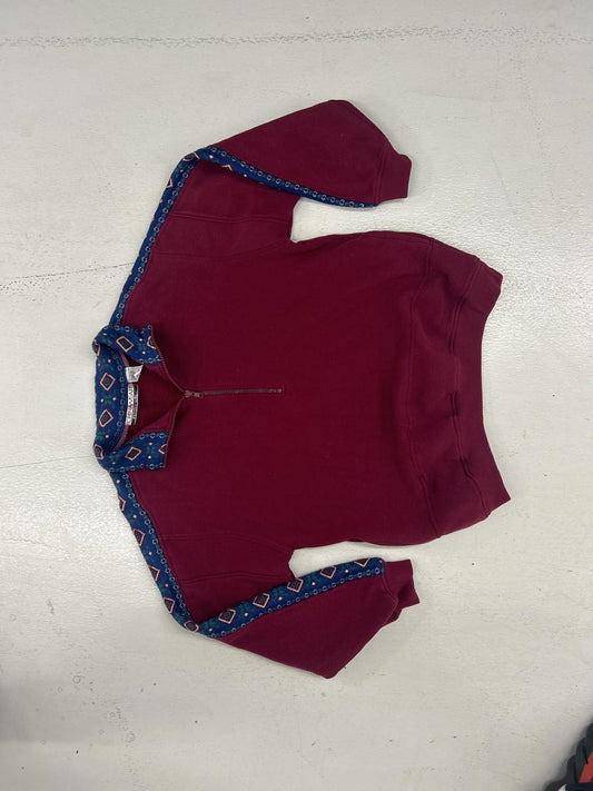 Vintage Inspired Burgundy Sweatshirt with Patterned Trim