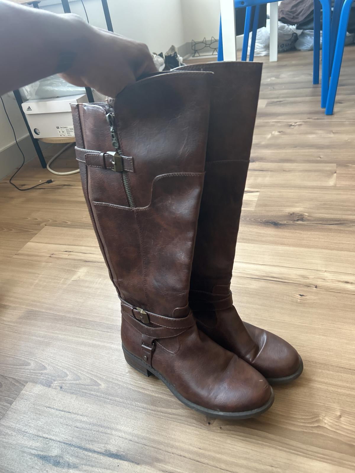 Faux Brown Knee-High Boots with Buckle Detail