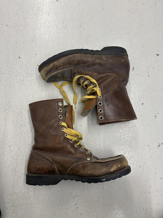 Vintage Brown Leather Work Boots with Yellow Laces