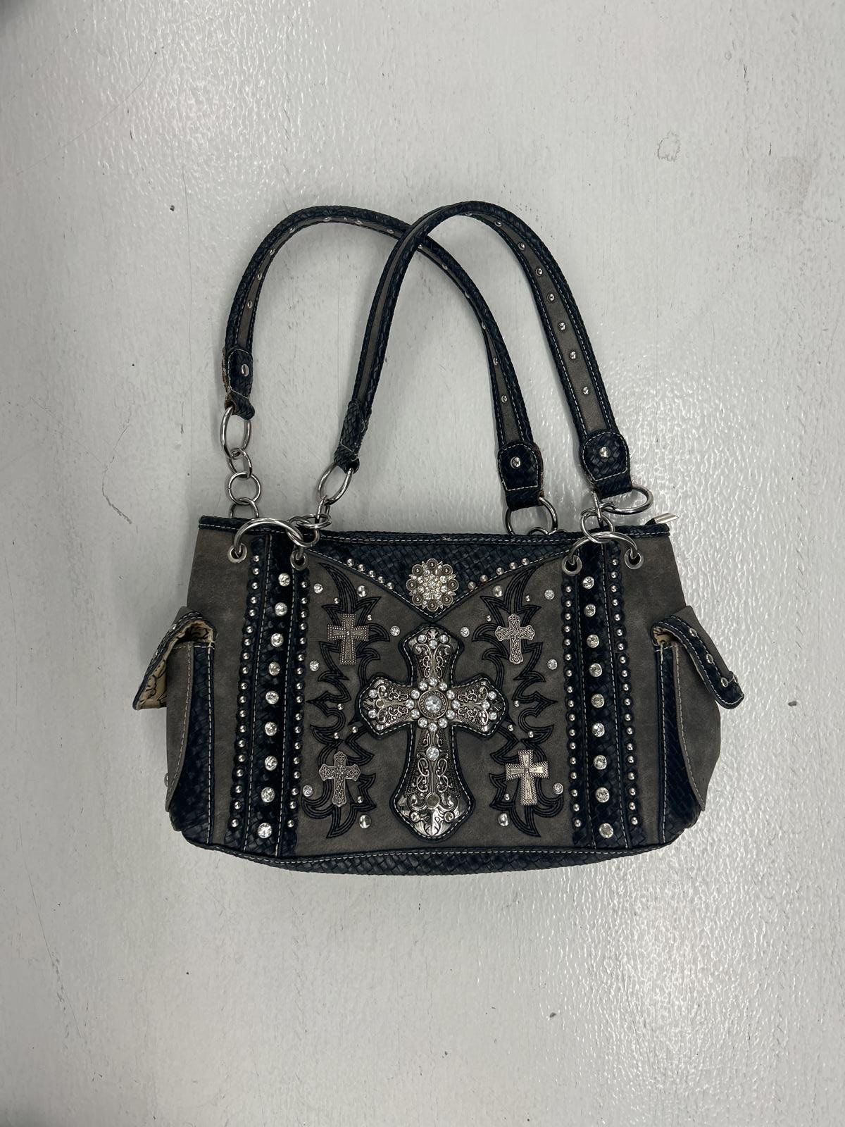 Leather Y2K Gray Cross Handbag with Embellishments