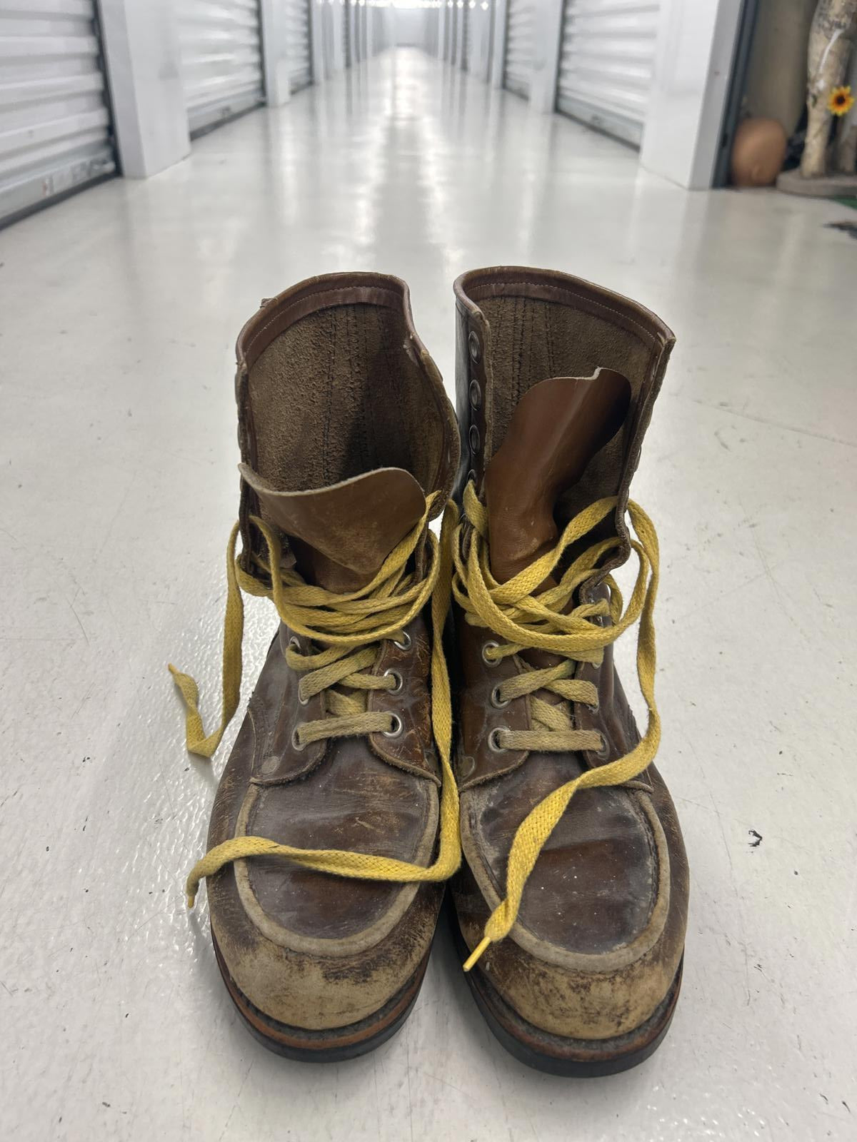 Vintage Brown Leather Work Boots with Yellow Laces