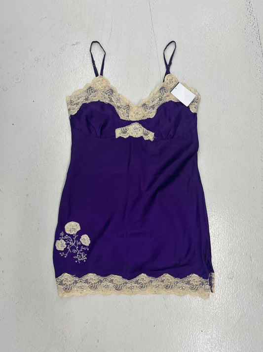 Elegant Purple Lace-Trimmed Slip Dress with Embroidery