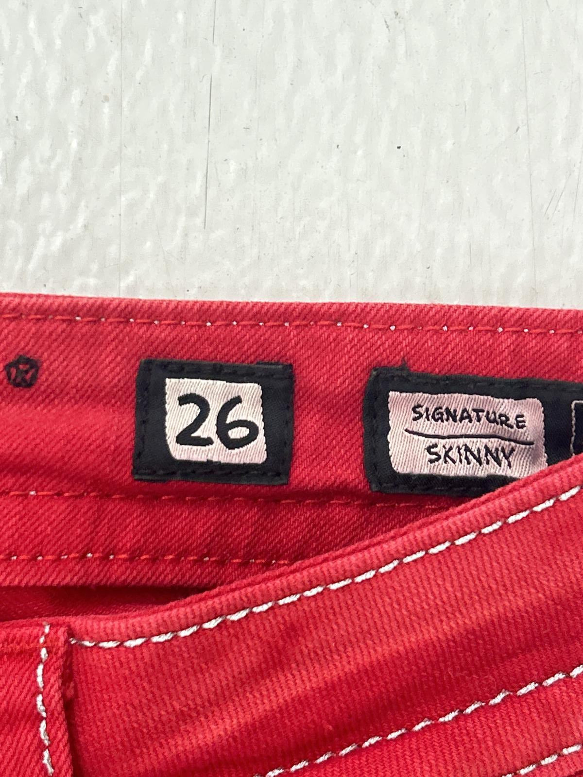 Y2K Grunge Red Skinny Jeans with Decorative Back Pocket