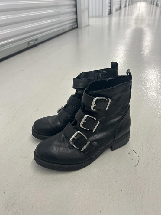 Faux Leather Black Buckle Ankle Boots