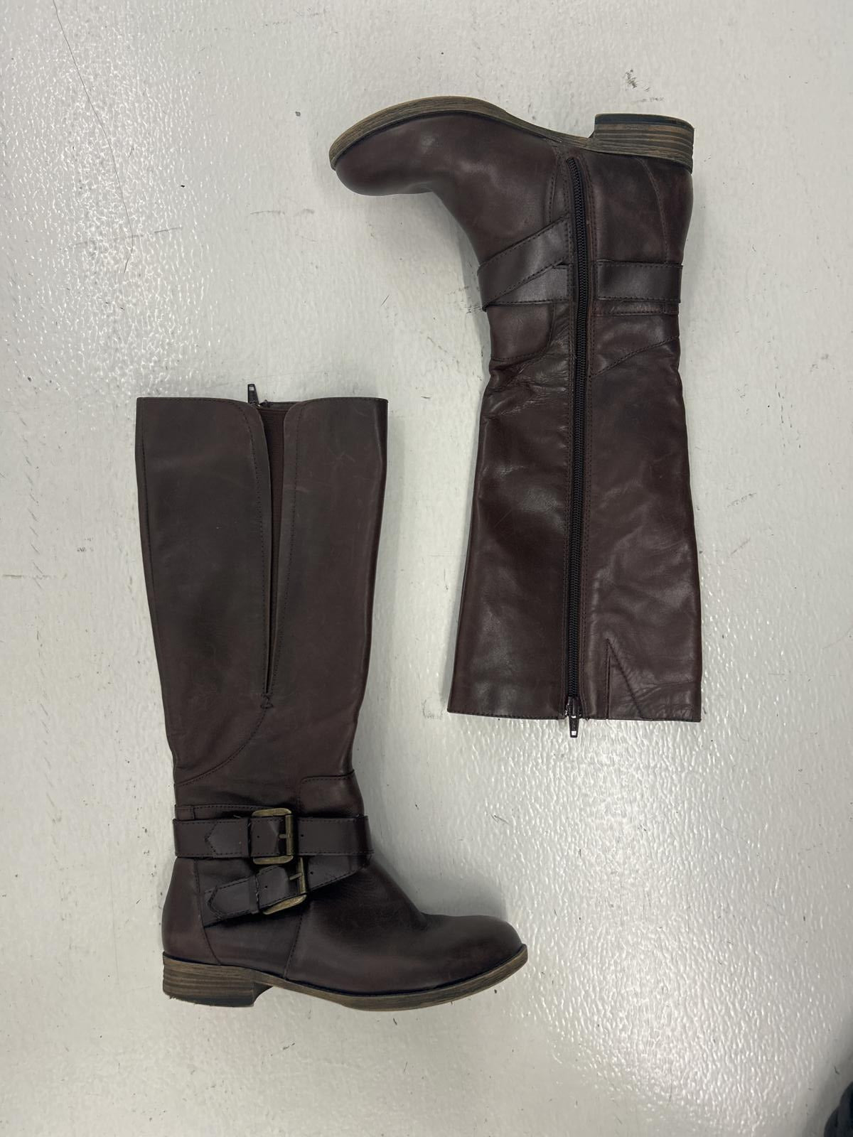 Riding Brown Leather Knee-High Boots with Buckle