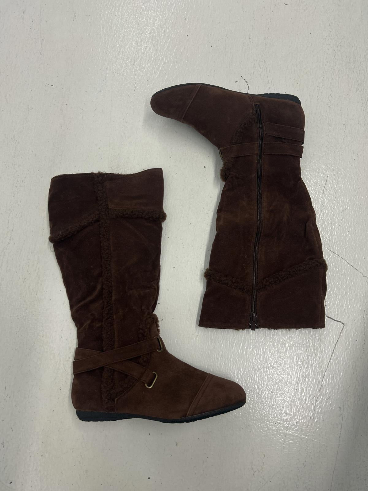 Textured Brown Faux Suede Knee-High Boots