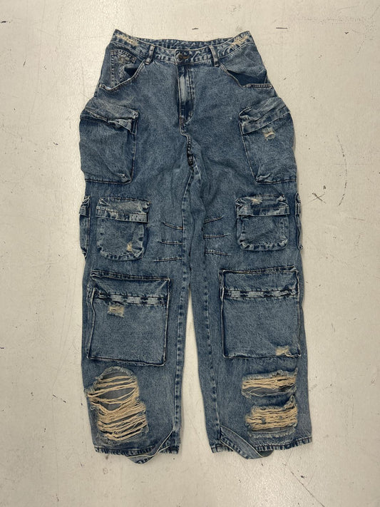 Vintage Cargo Denim Pants - Distressed Style - Size 14