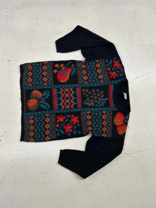 Vintage Knit Sweater With Colorful Floral And Fruit Design