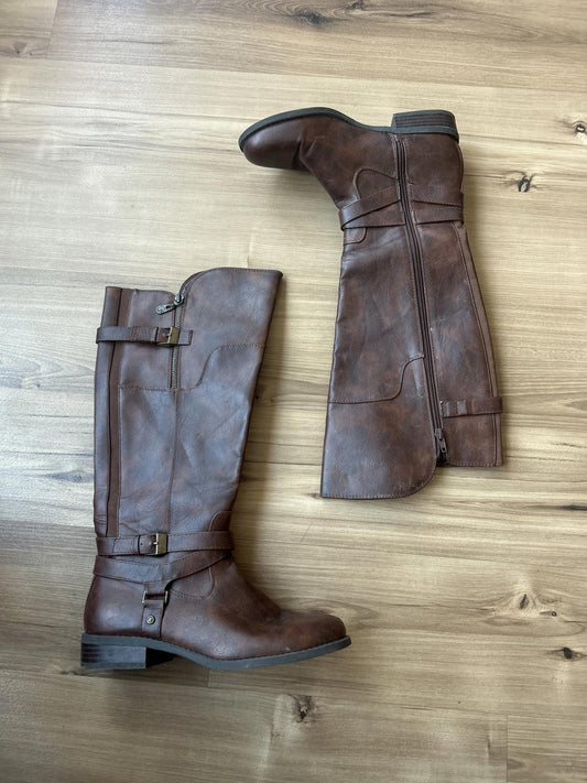 Faux Brown Knee-High Boots with Buckle Detail