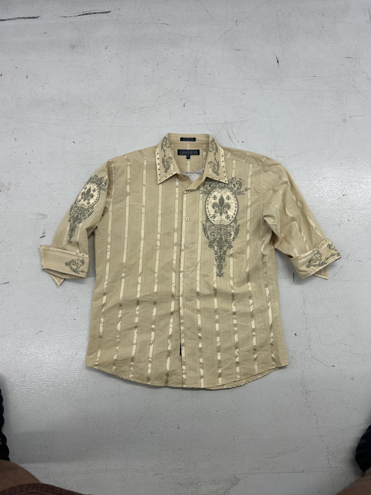 Men's Elegant Tan Button-Up Shirt with Decorative Design