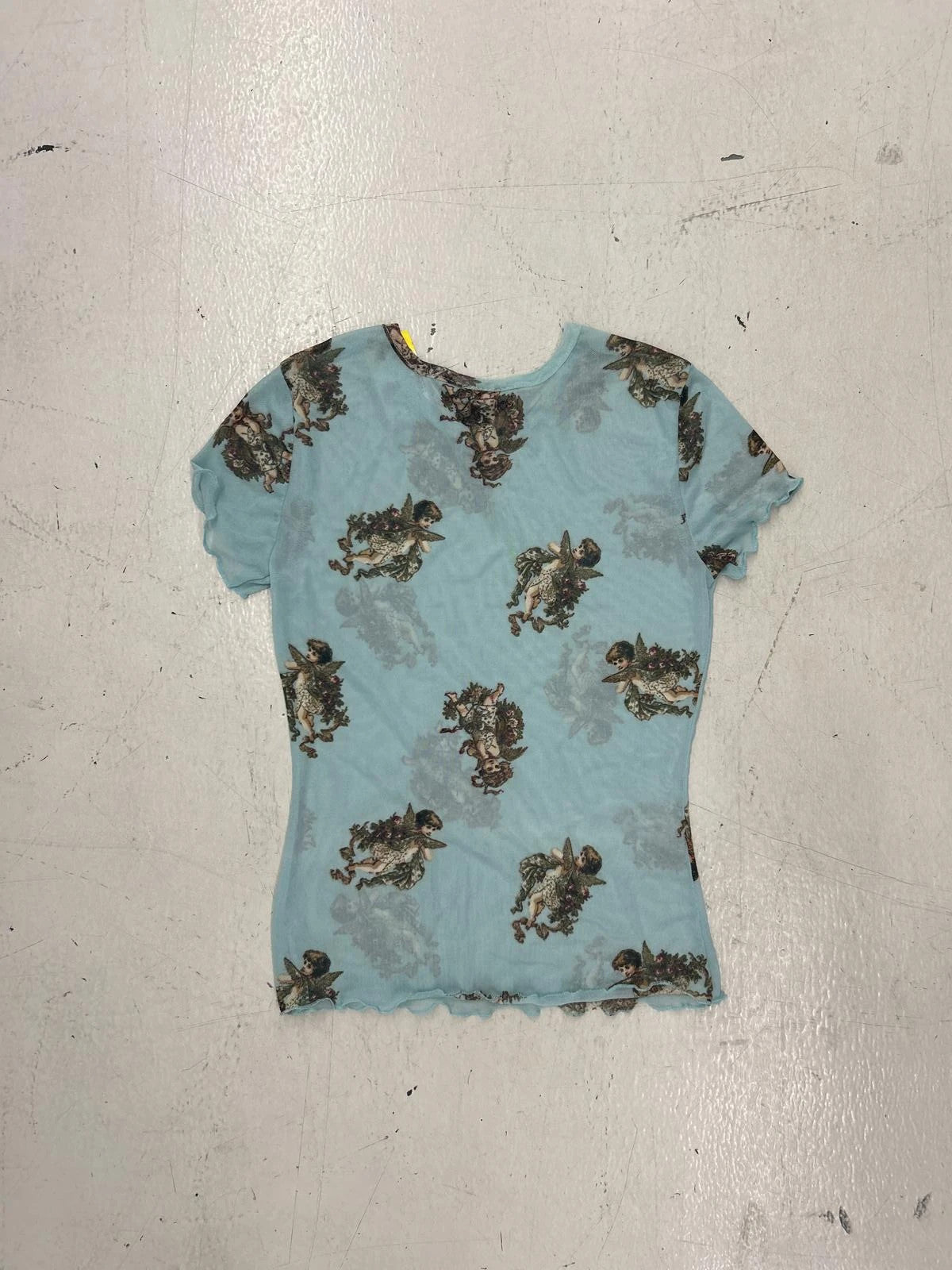 Vintage Floral Print Mesh T-Shirt - Light Blue