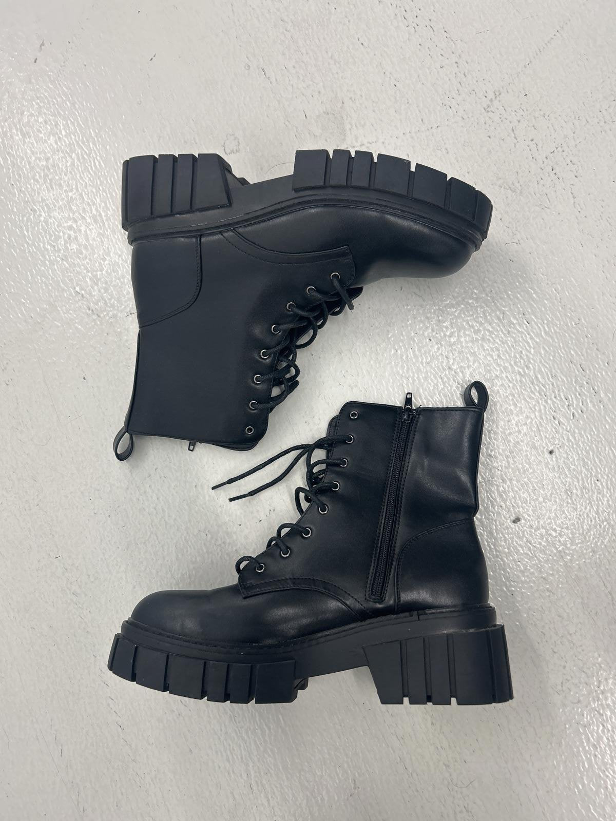 Trendy Black Chunky Heel Combat Boots