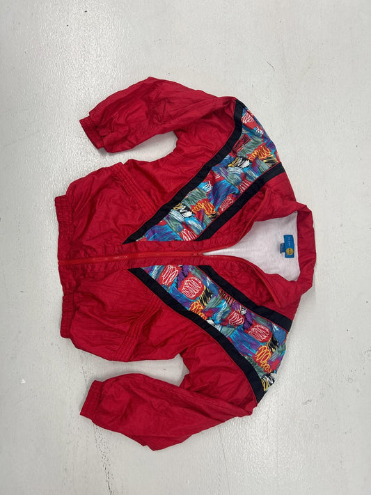 Vibrant Red Vintage Windbreaker Jacket with Colorful Pattern