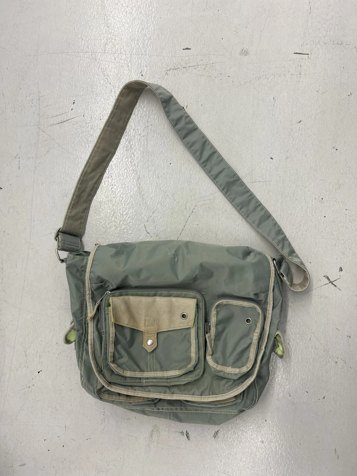 Nylon Green Messenger Bag With Multi-Pocket Design