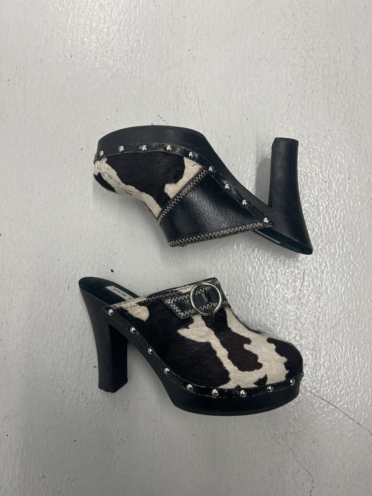 Steve Madden Cow Print Leather High Heeled Clogs