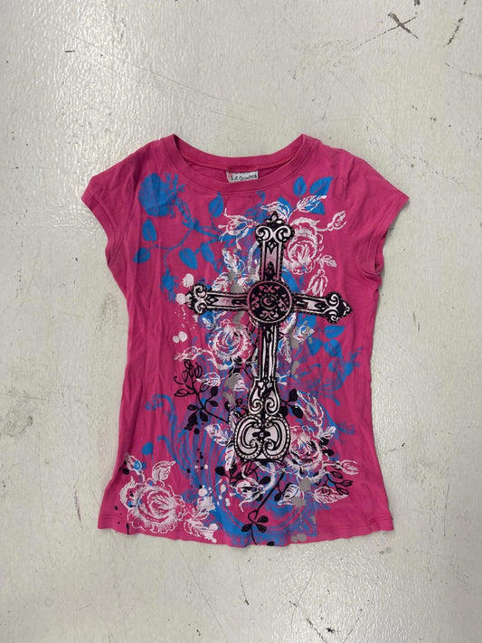 Y2k Pink Floral Graphic Tee With Cross Design