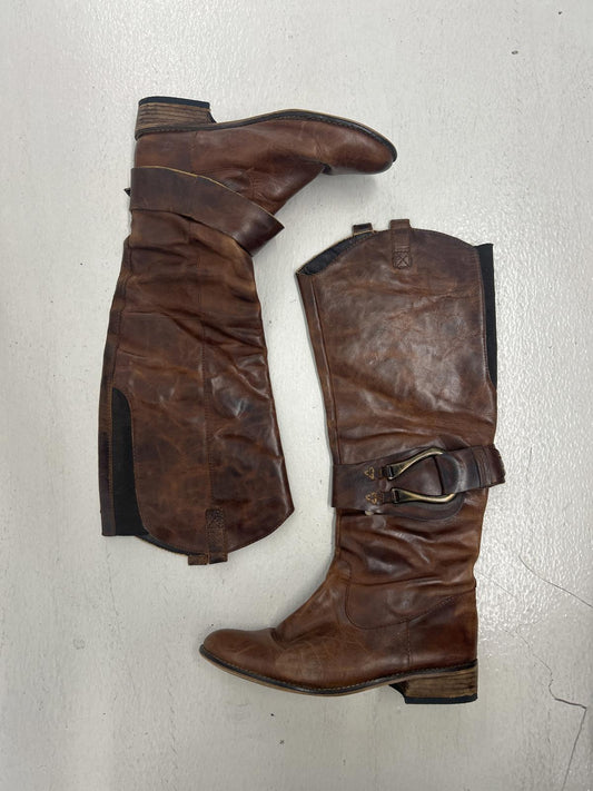 Genuine Leather Brown Knee-High Boots with Buckle