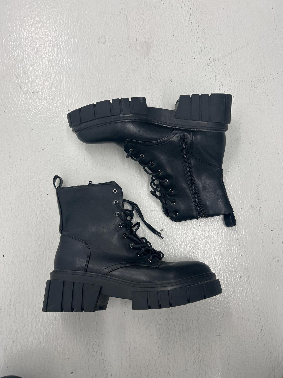 Trendy Black Chunky Heel Combat Boots