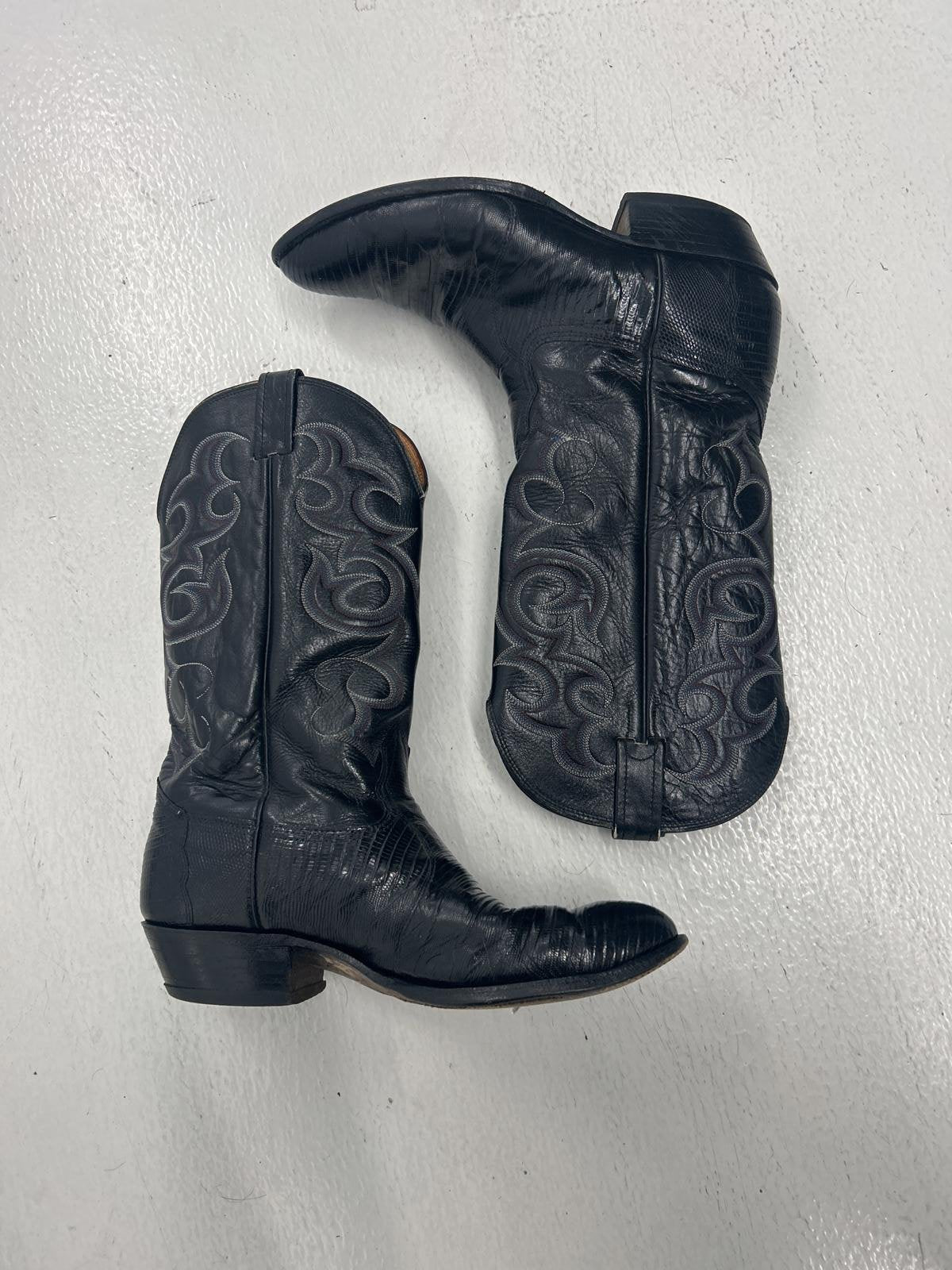 Authentic Black Leather Cowboy Boots with Intricate Design