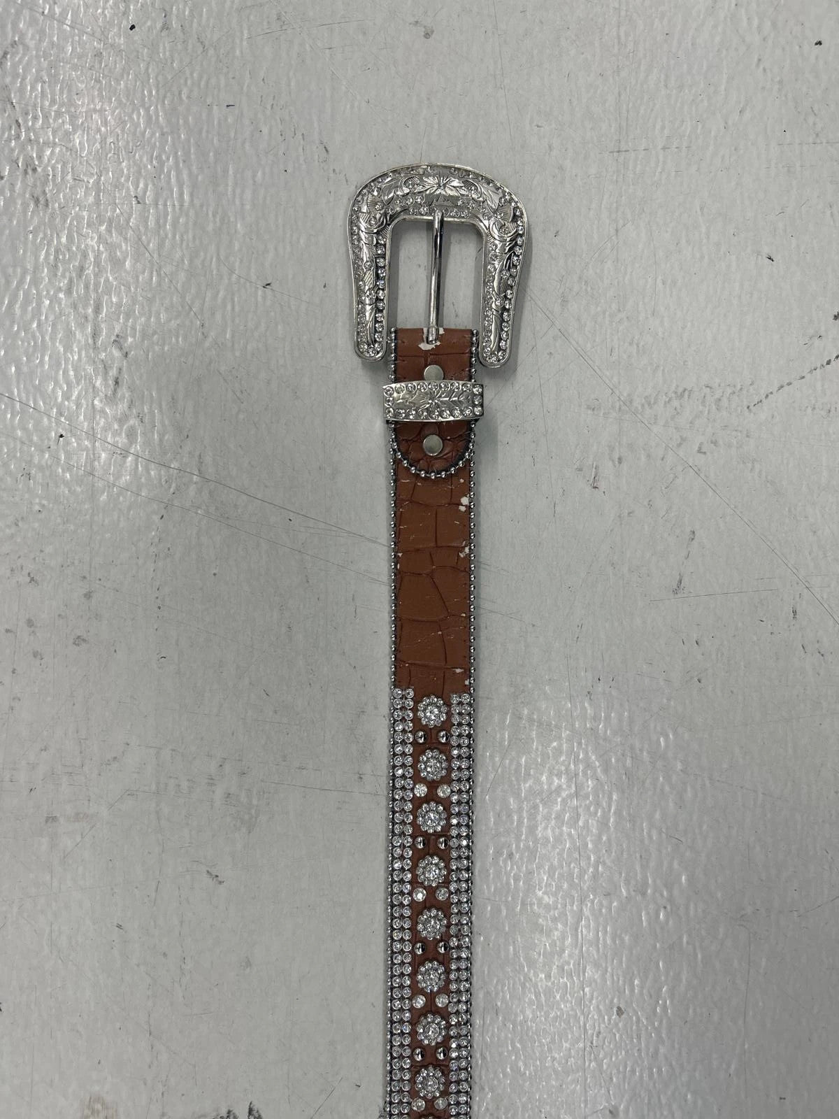 Leather Y2k Brown Rhinestone Belt With Decorative Buckle