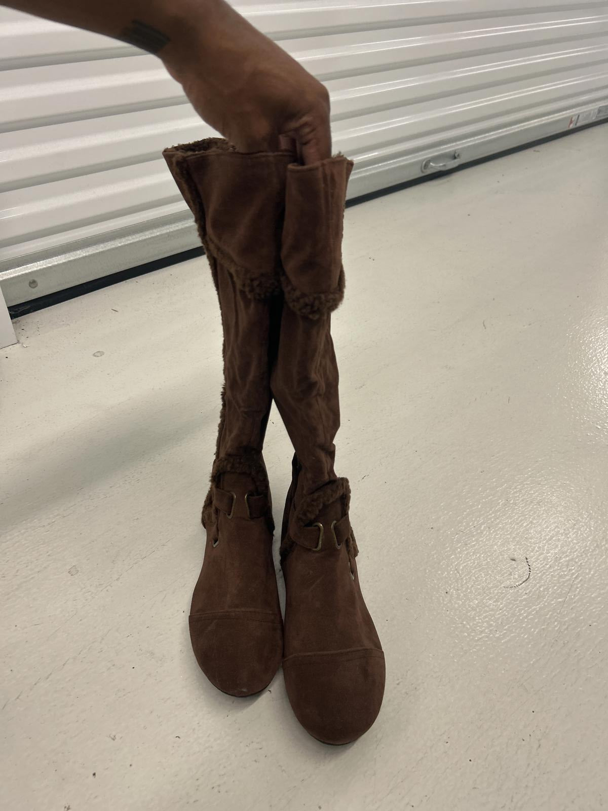 Textured Brown Faux Suede Knee-High Boots