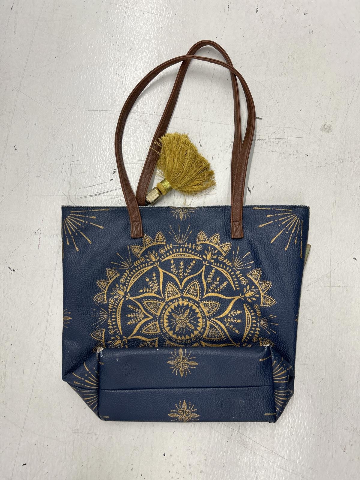 Navy Blue Tote Bag with Gold Mandala Design and Tassel