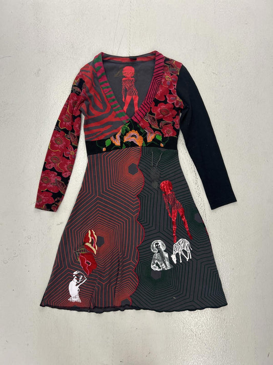 Unique Grunge Artistic Dress with Floral and Animal Motifs