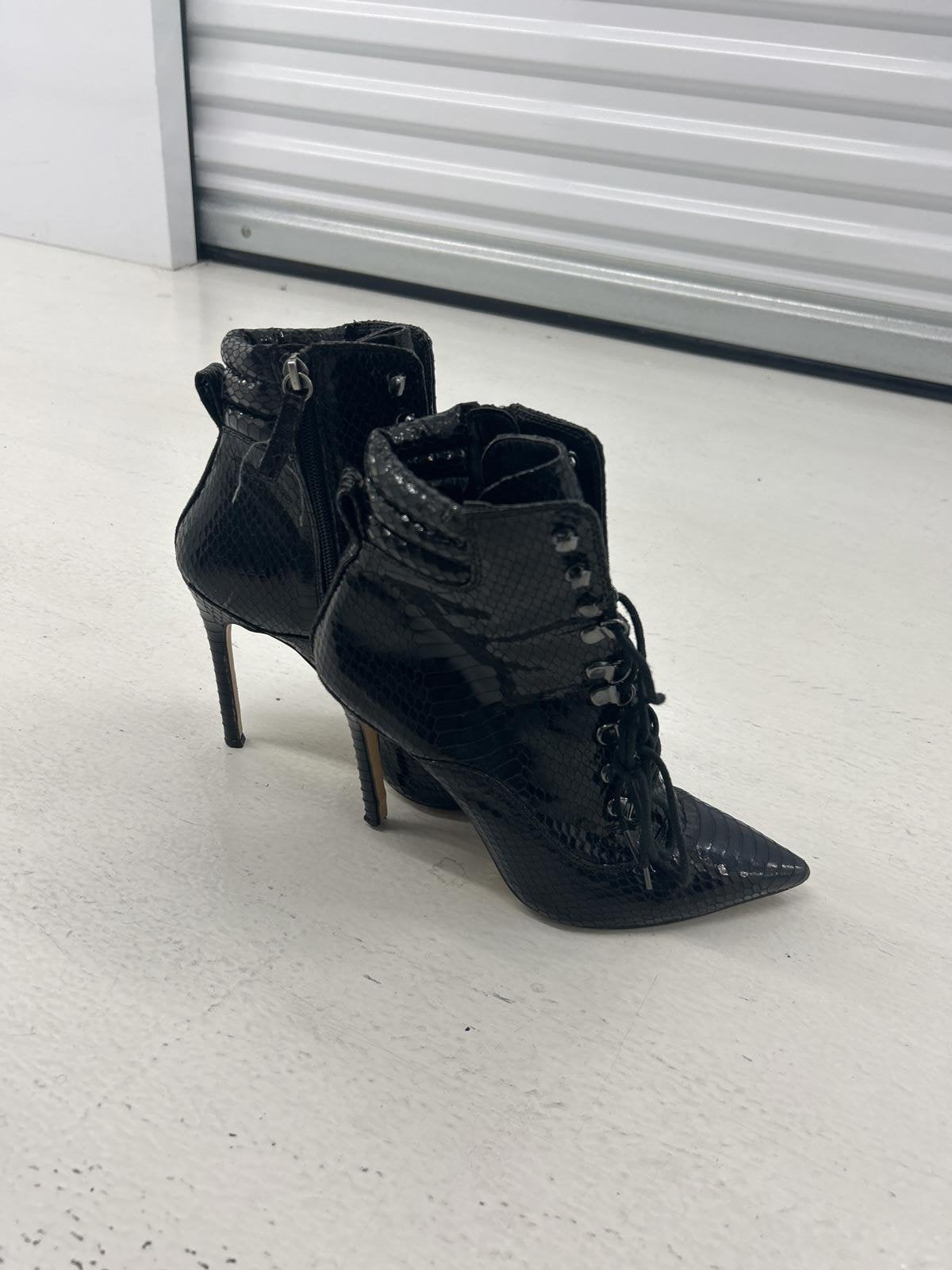 Stylish Black Faux Snakeskin Ankle Boots with Stiletto Heels