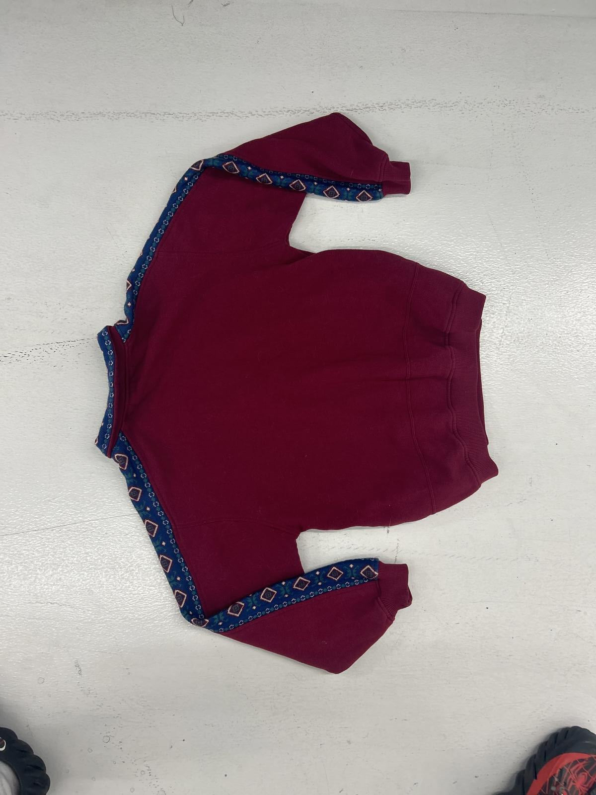 Vintage Inspired Burgundy Sweatshirt with Patterned Trim