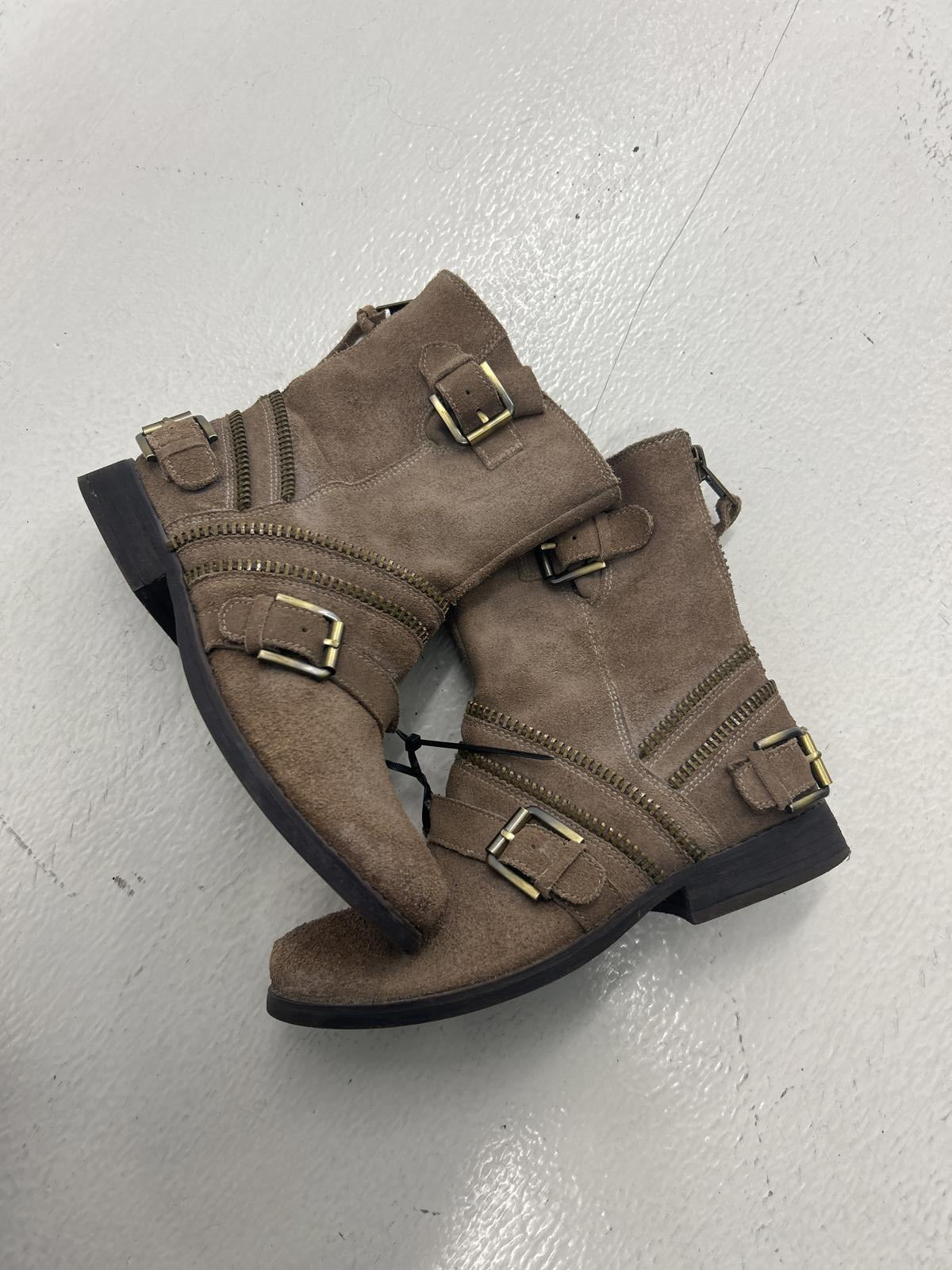 Grunge Brown Suede Boots with Buckle and Zipper Details