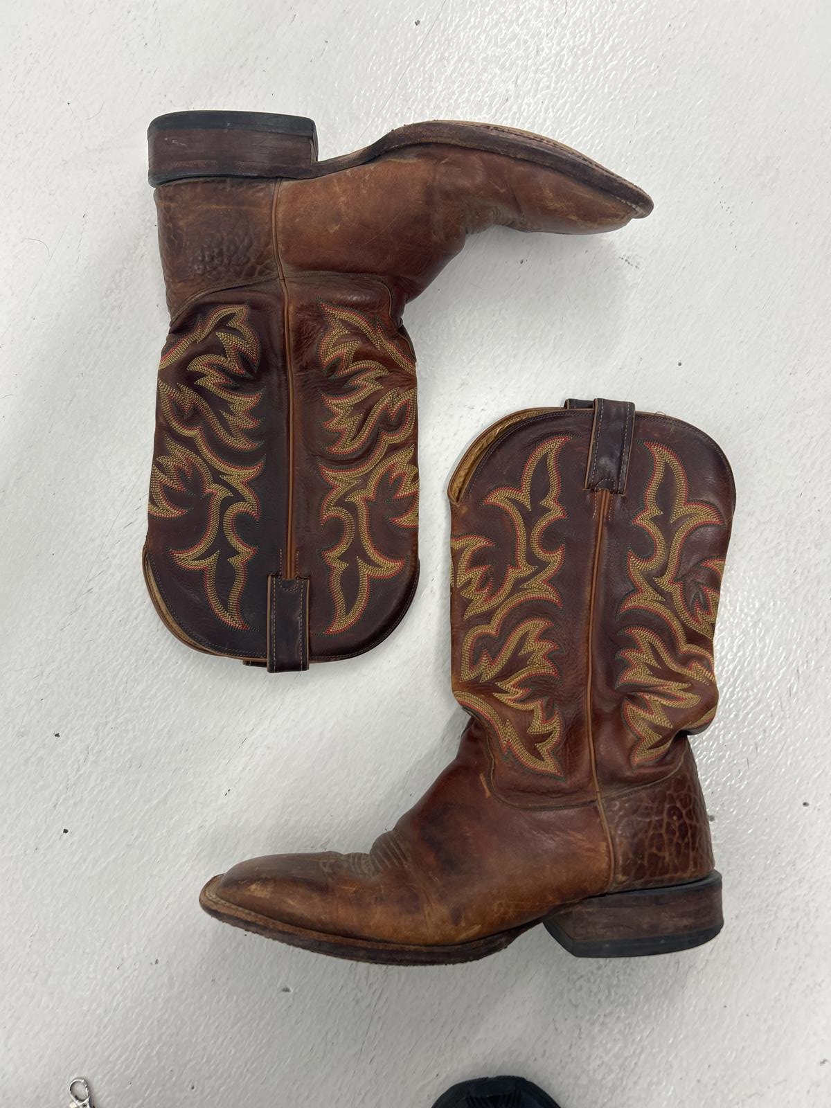 Vintage Brown Leather Cowboy Boots with Intricate Stitching