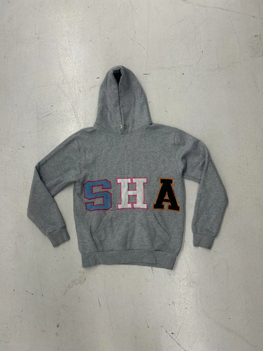 Trendy Gray Hooded Sweatshirt With Colorful Letters