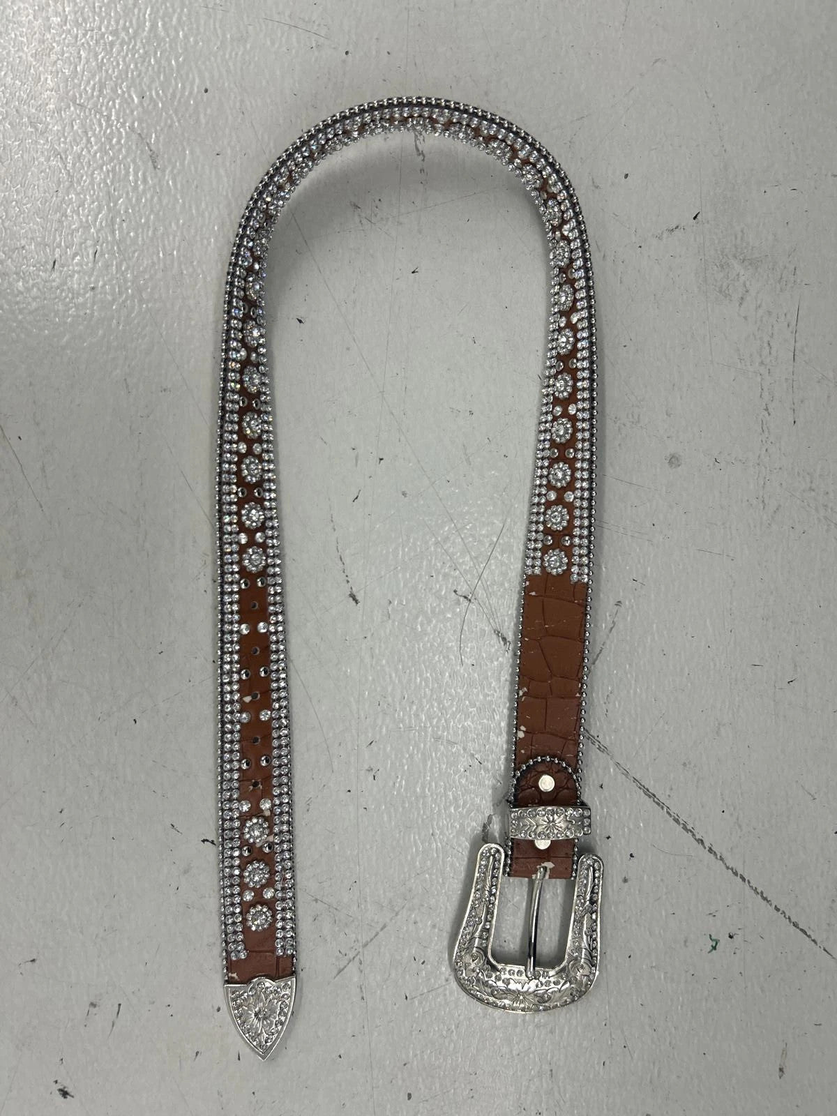 Leather Y2k Brown Rhinestone Belt With Decorative Buckle