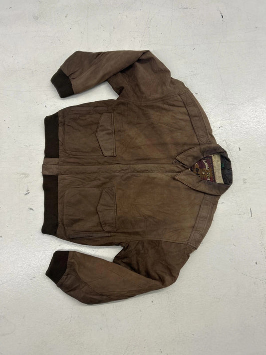 Retro Map Lining Brown Leather Bomber Jacket