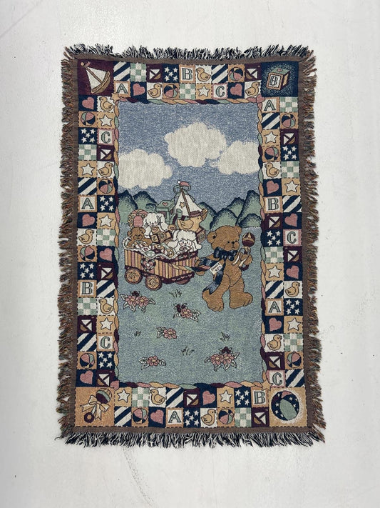 Vintage Teddy Bear Themed Woven Blanket with Colorful Border