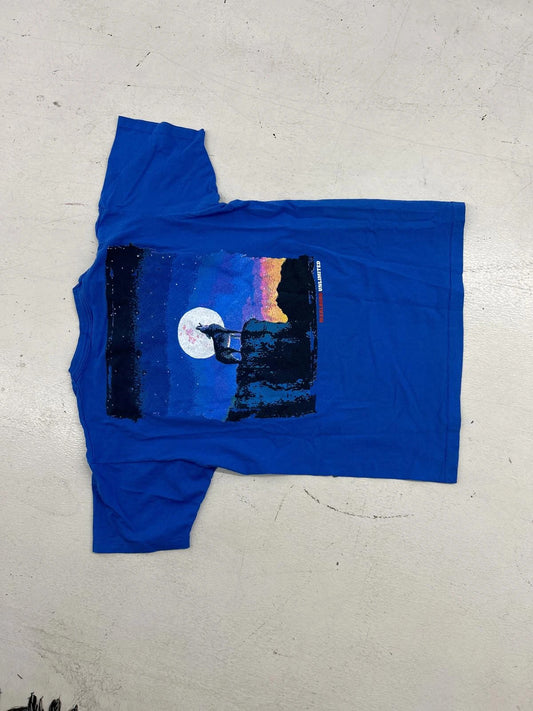 Vintage Blue Graphic T-Shirt With Mountain And Moon Design