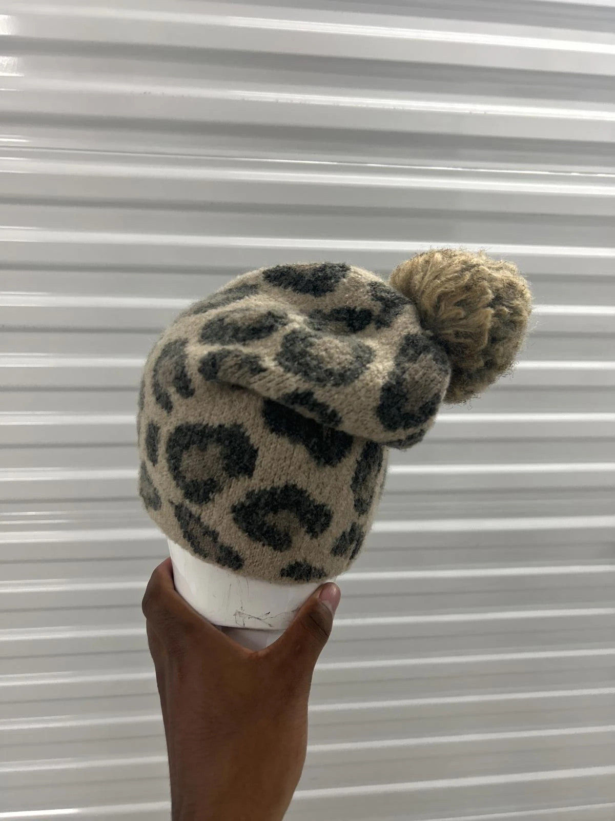 Cozy Leopard Print Knit Beanie With Pom Pom